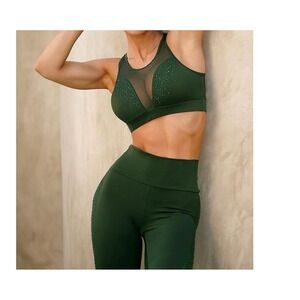 LUXEIT DIAMOND™ Emerald Green Mesh Sports Bra and leggings High Support, Large